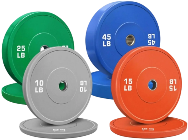 French Fitness Olympic Colored Bumper Plate Set 190 lbs - Blank - Angled View