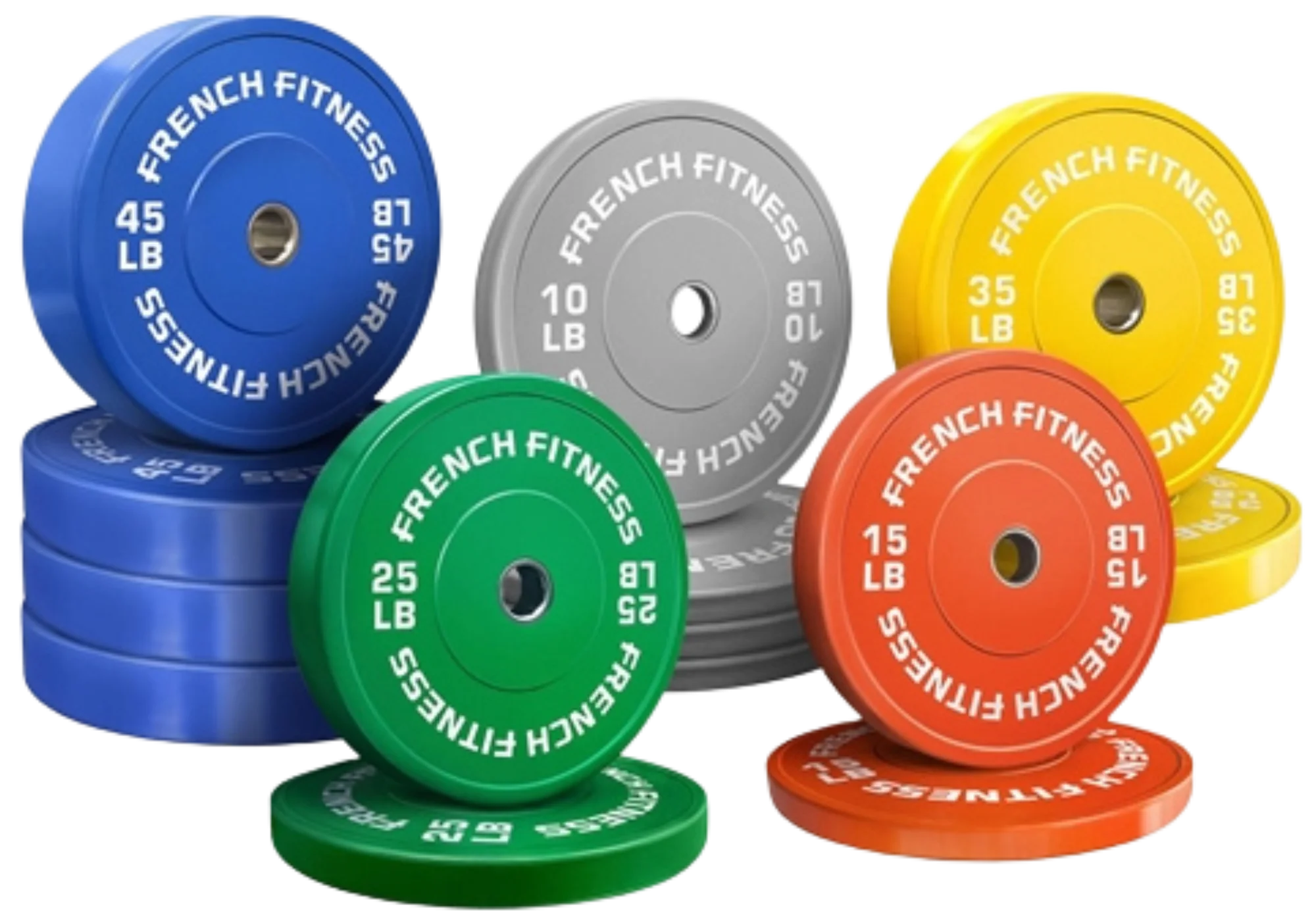 French Fitness Olympic Colored Bumper Plate Set 370 lbs (New)
