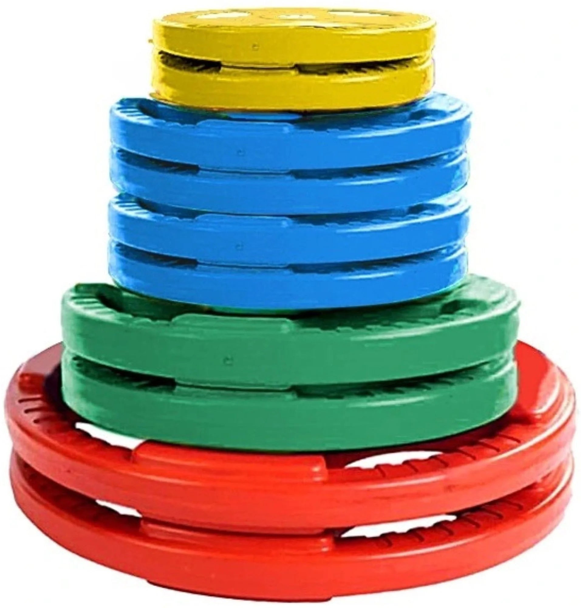 French Fitness Colored Rubber Grip Weight Plate Set w/7 ft Olympic Bar 235 lbs (New)