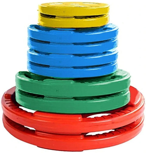 French Fitness Colored Rubber Grip Weight Plate Set w/7 ft Olympic Bar 235 lbs (New)