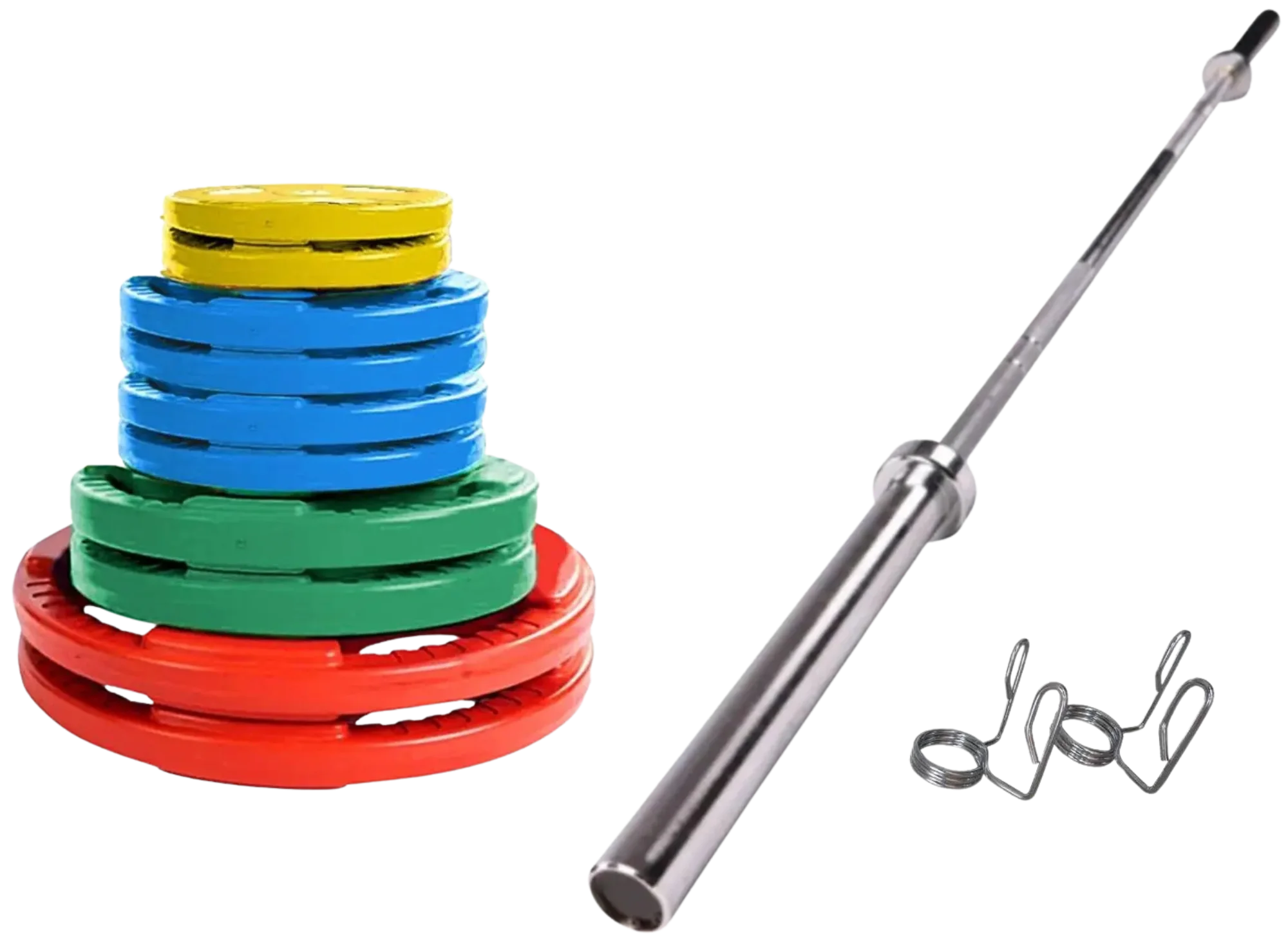 French Fitness Colored Rubber Grip Weight Plate Set w/7 ft Olympic Bar 235 lbs (New)