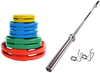 French Fitness Colored Rubber Grip Weight Plate Set w/7 ft Olympic Bar 235 lbs (New)