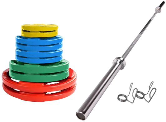French Fitness Colored Rubber Grip Weight Plate Set w/7 ft Olympic Bar 235 lbs (New)