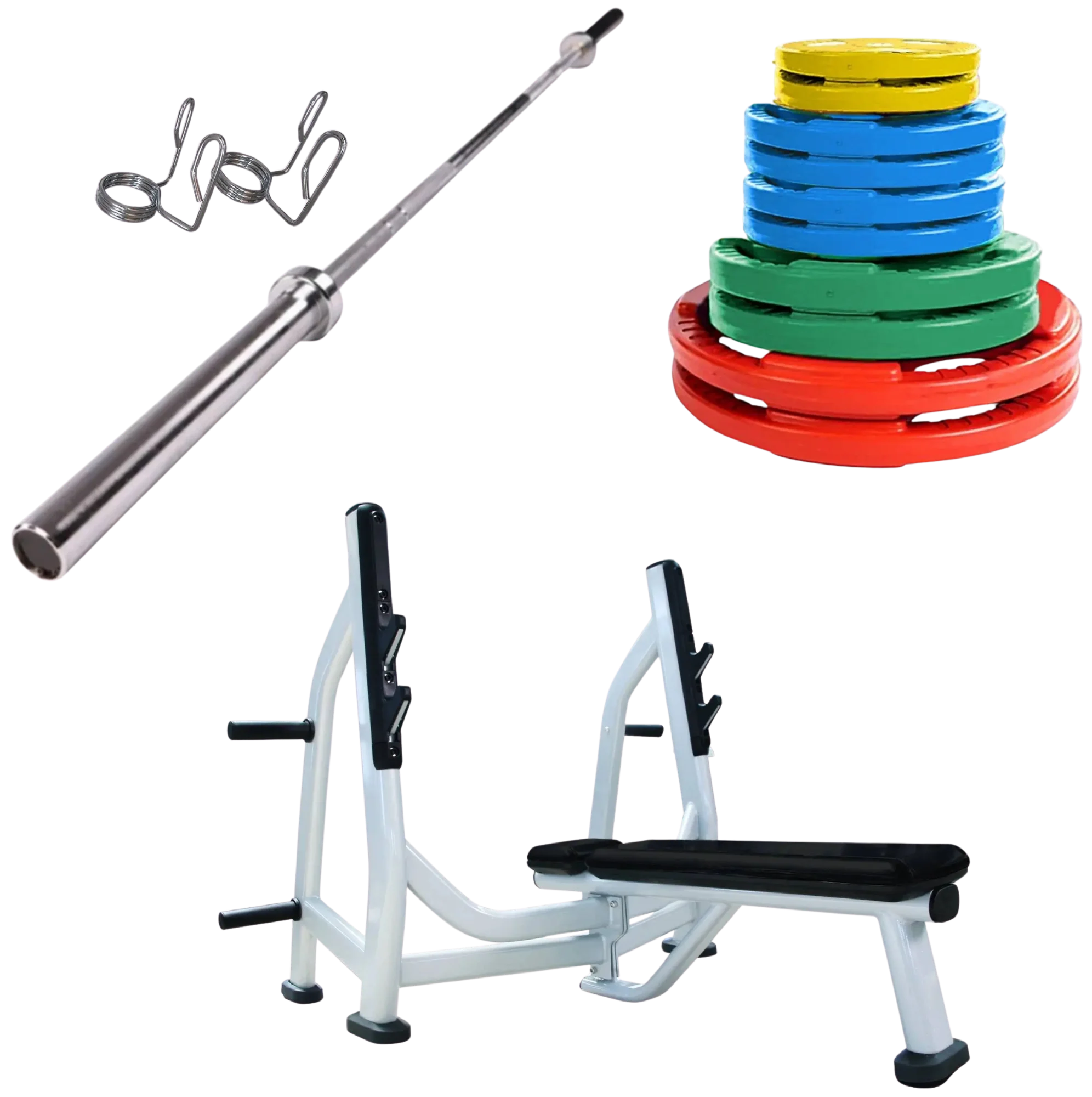 French Fitness Weight Plate Set 235 lbs w/Olympic Bar & Bench