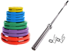 French Fitness Colored Rubber Grip Weight Plate Set w/7 ft Olympic Bar 305 lbs (New) Image