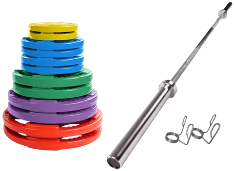 French Fitness Colored Rubber Grip Weight Plate Set w/7 ft Olympic Bar 305 lbs (New) Image