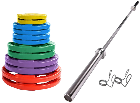 French Fitness Colored Rubber Grip Weight Plate Set w/7 ft Olympic Bar 305 lbs (New)
