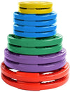 French Fitness Colored Rubber Grip Weight Plate Set w/7 ft Olympic Bar 305 lbs + Bench (New)