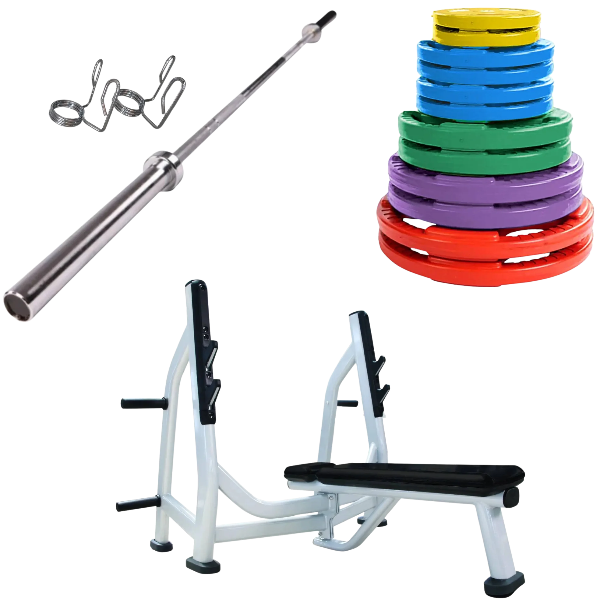 French Fitness Colored Rubber Grip Weight Plate Set w/7 ft Olympic Bar 305 lbs + Bench (New)