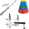 French Fitness Colored Rubber Grip Weight Plate Set w/7 ft Olympic Bar 305 lbs + Bench (New)