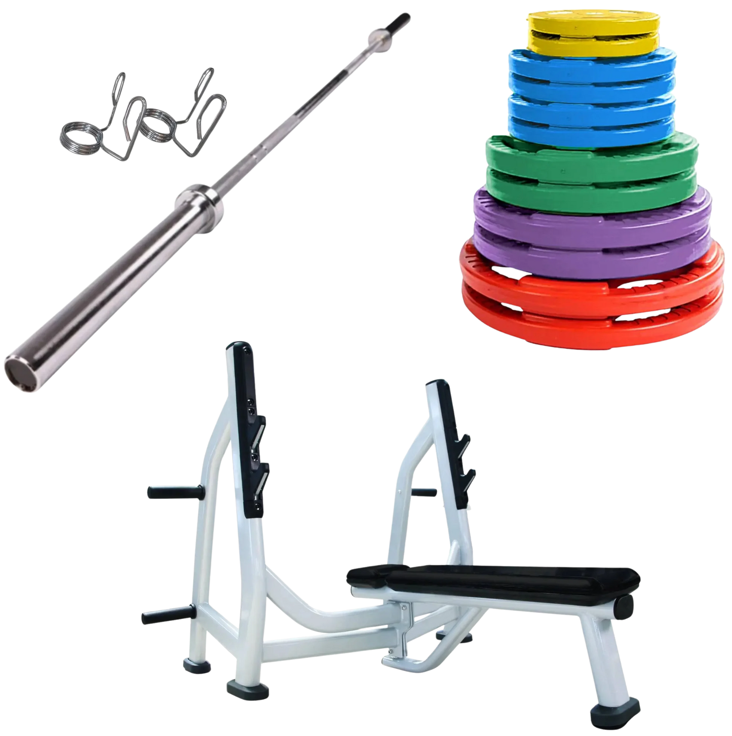French Fitness Colored Rubber Grip Weight Plate Set w/7 ft Olympic Bar 305 lbs + Bench (New)