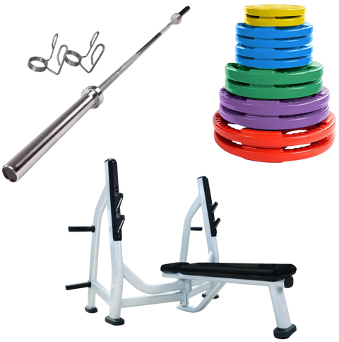 French Fitness Colored Rubber Grip Weight Plate Set w/7 ft Olympic Bar 305 lbs + Bench (New)