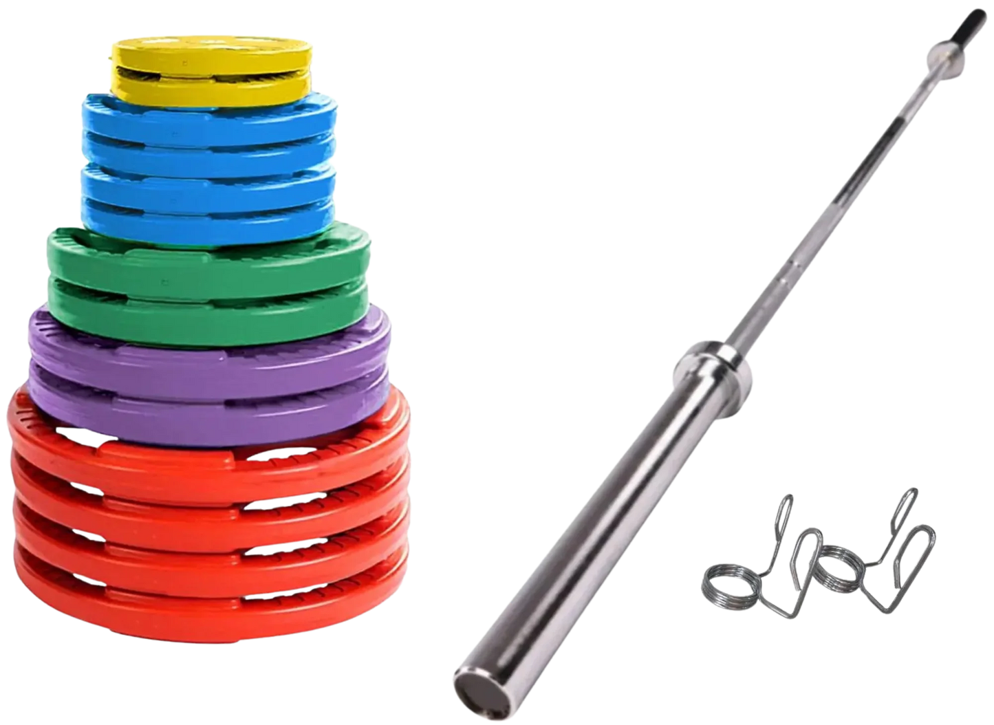 French Fitness Colored Rubber Grip Weight Plate Set w/7 ft Olympic Bar 395 lbs (New)