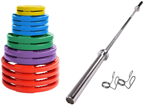 French Fitness Colored Rubber Grip Weight Plate Set w/7 ft Olympic Bar 395 lbs (New)