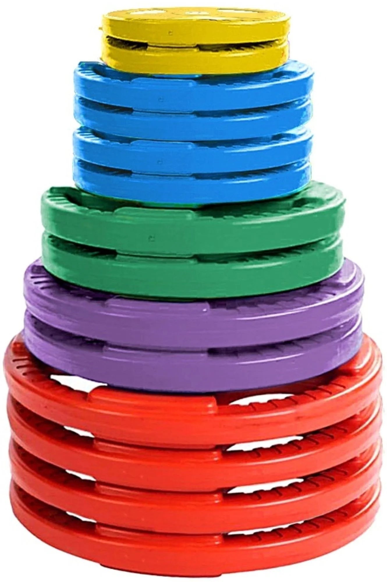 French Fitness Colored Rubber Grip Weight Plate Set w/7 ft Olympic Bar 395 lbs + Bench (New)