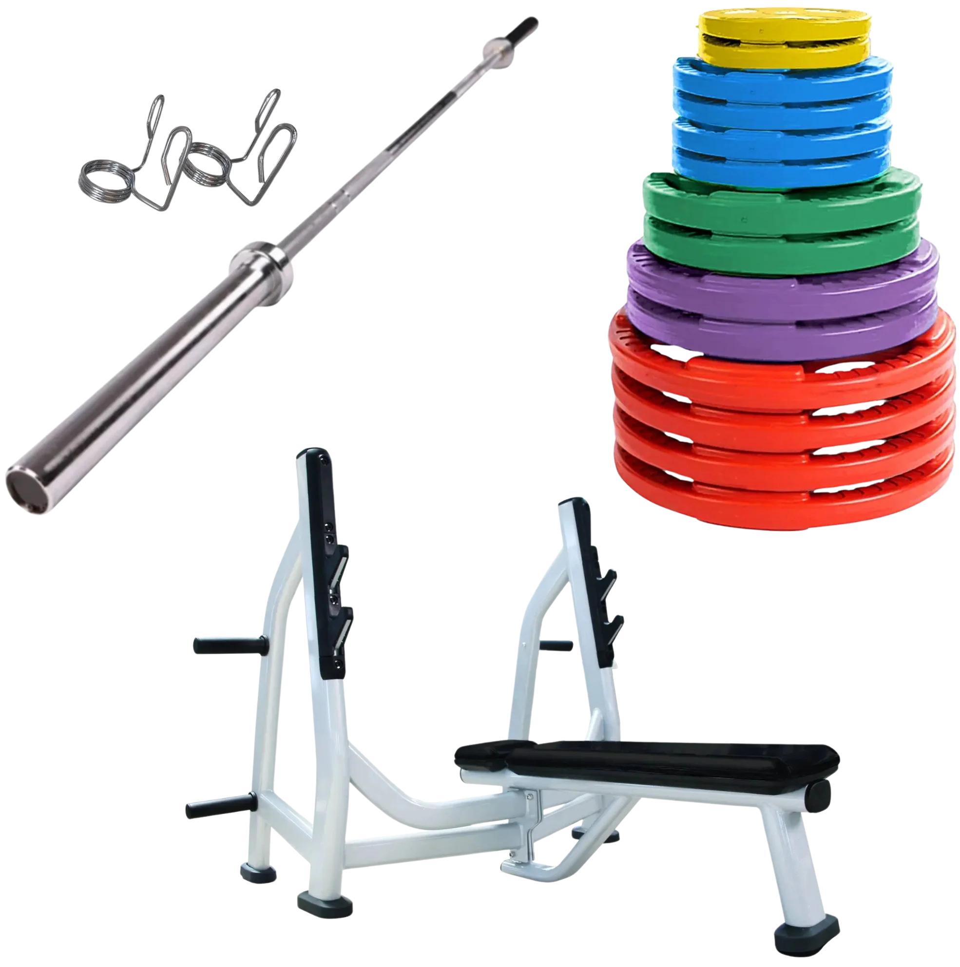 French Fitness Colored Rubber Grip Weight Plate Set w/7 ft Olympic Bar 395 lbs + Bench (New)