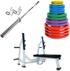 French Fitness Colored Rubber Grip Weight Plate Set w/7 ft Olympic Bar 395 lbs + Bench (New) Image