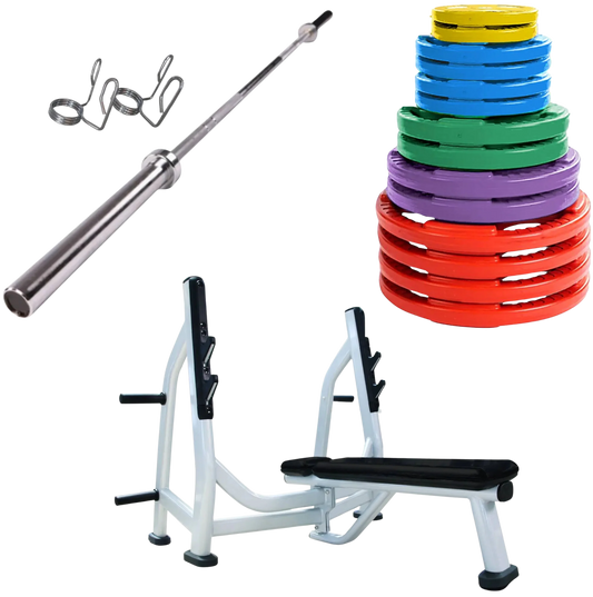 French Fitness Colored Rubber Grip Weight Plate Set w/7 ft Olympic Bar 395 lbs + Bench (New)
