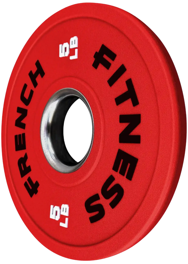 French Fitness Competition Urethane Bumper Plate 5 lb Colored (Red) - Angled View