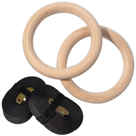 French Fitness Gymnastic Gym Wood Rings w/Adjustable Straps (New) Image