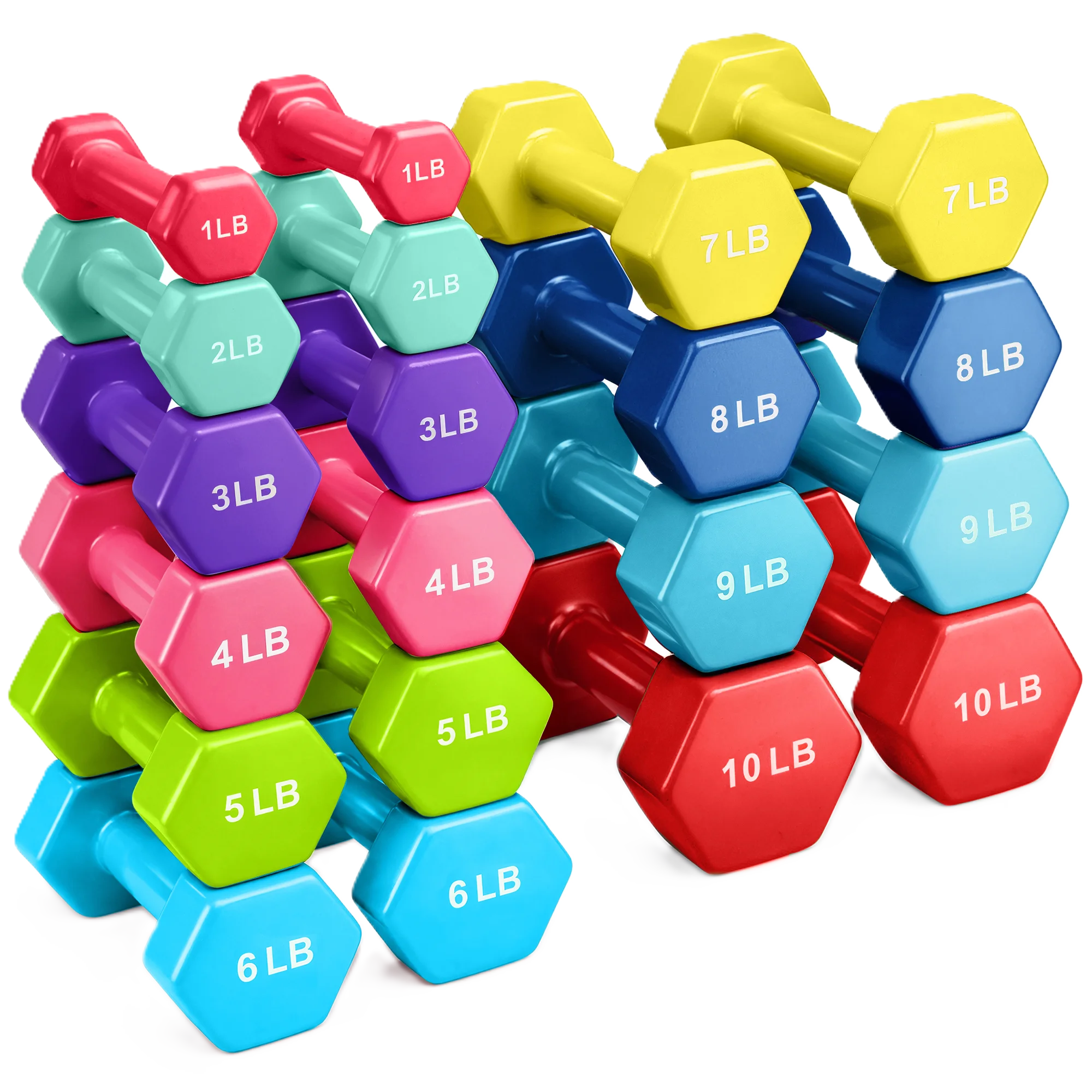 French Fitness Colorful Hex Vinyl Dumbbell Set 1 to 10 lbs w/Rack - Angled View