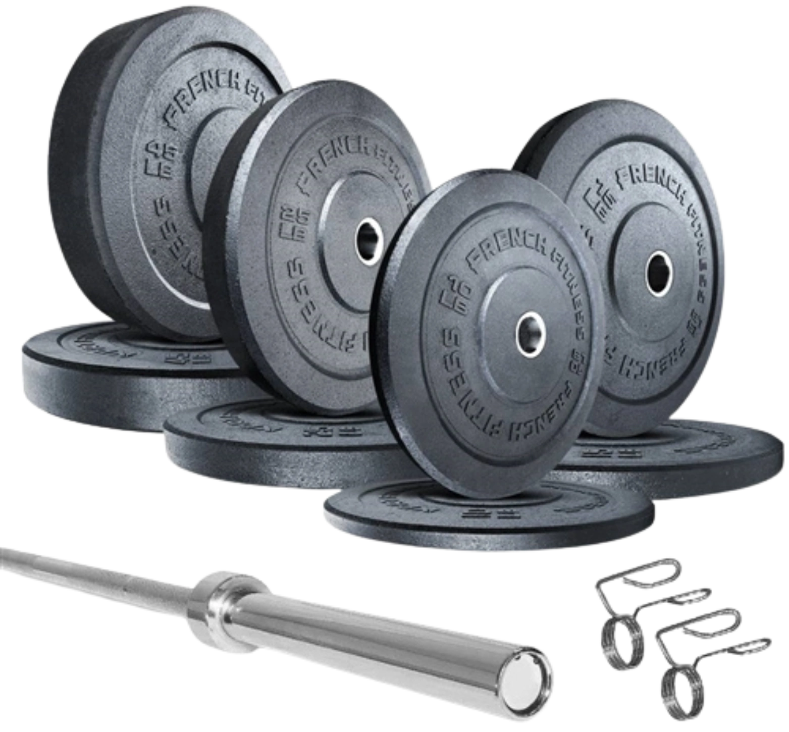 French Fitness Olympic Bumper Plate Set w/7 ft Olympic Bar 235 lbs - Crumb Rubber (New)