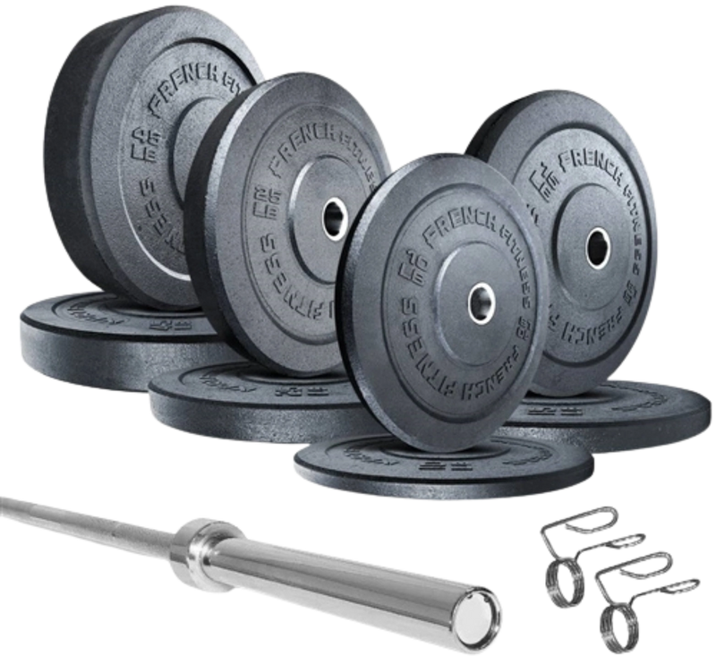 French Fitness Olympic Bumper Plate Set w/7 ft Olympic Bar 235 lbs - Crumb Rubber (New)