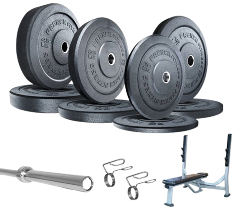 French Fitness Olympic Bumper Plate Set w/7 ft Olympic Bar 235 lbs + Bench - Crumb Rubber (New)