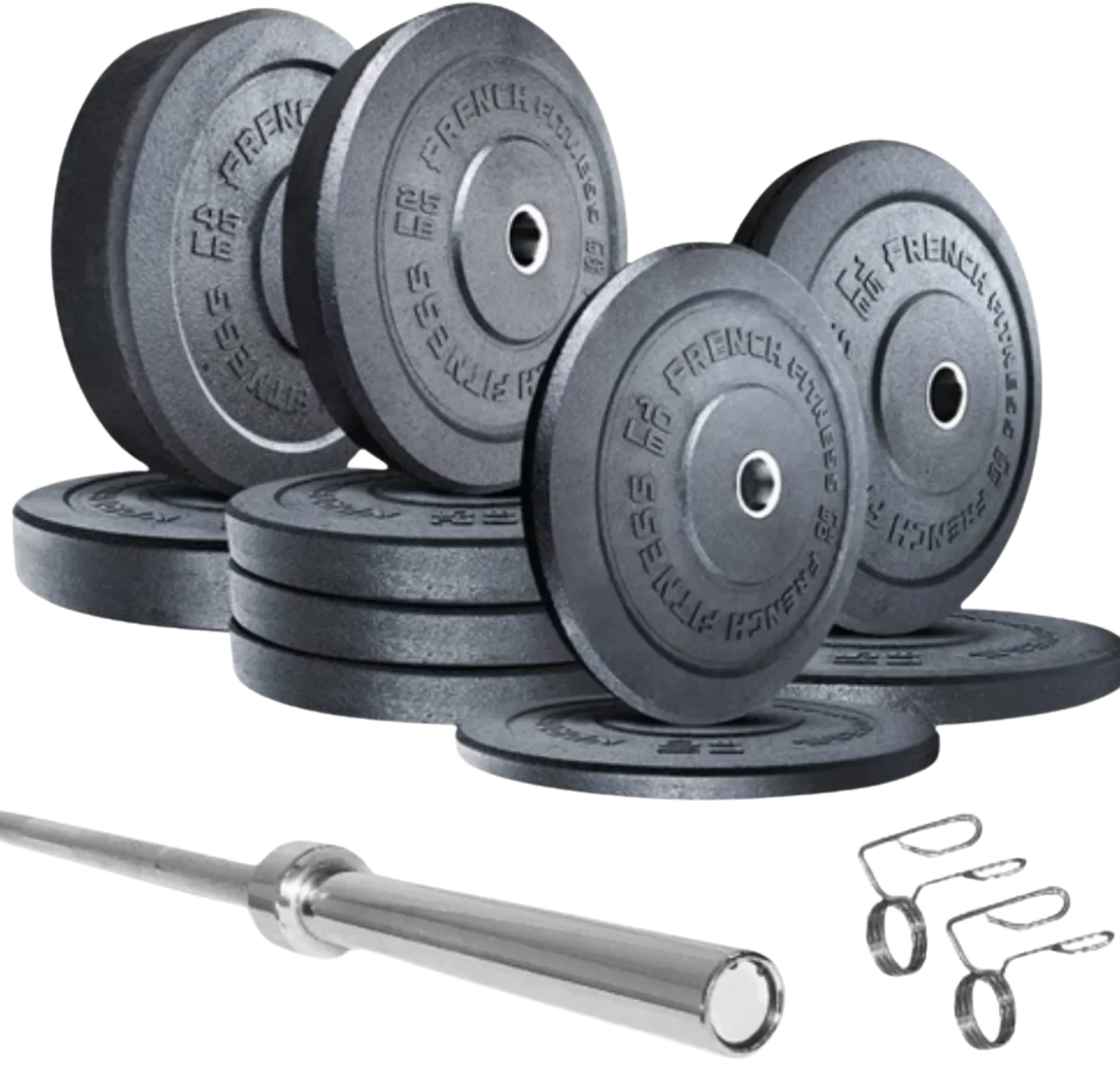 French Fitness  Olympic Bumper Plates Set w/7 ft Olympic Bar 285 lbs - Crumb Rubber (New)