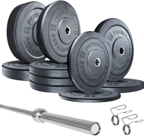 French Fitness Olympic Bumper Plates Set 285 lbs New – Front view of full plates set with 7 ft bar loaded