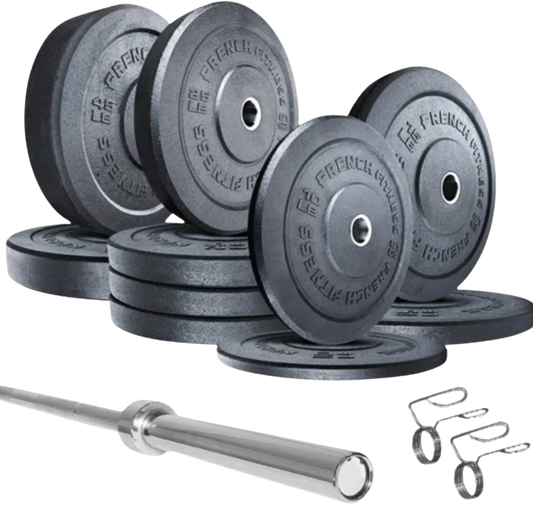 French Fitness  Olympic Bumper Plates Set w/7 ft Olympic Bar 285 lbs - Crumb Rubber (New)