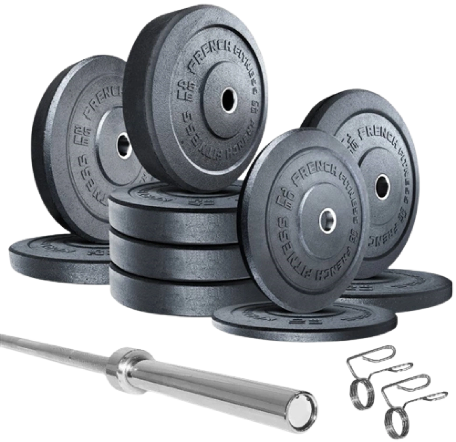 French Fitness Olympic Bumper Plate Set w/7 ft Olympic Bar 325 lbs - Crumb Rubber (New)