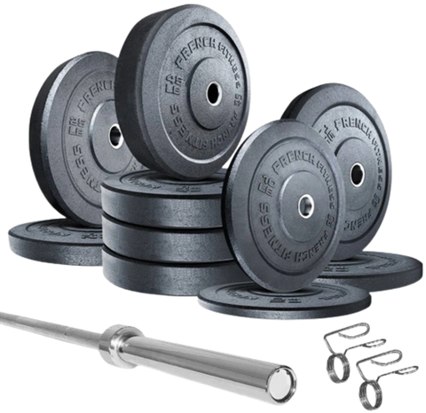 French Fitness Olympic Bumper Plate Set w/7 ft Olympic Bar 325 lbs - Crumb Rubber (New)