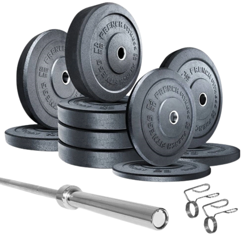 French Fitness Olympic Bumper Plate Set w/7 ft Olympic Bar 325 lbs - Crumb Rubber (New)