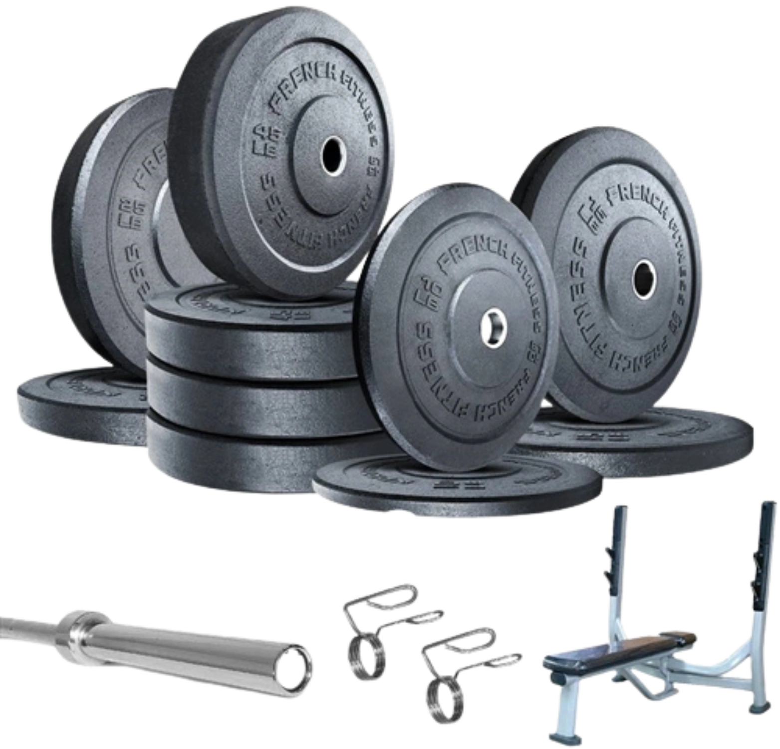 French Fitness Olympic Bumper Plate Set w/7 ft Olympic Bar 325 lbs + Bench - Crumb Rubber (New)