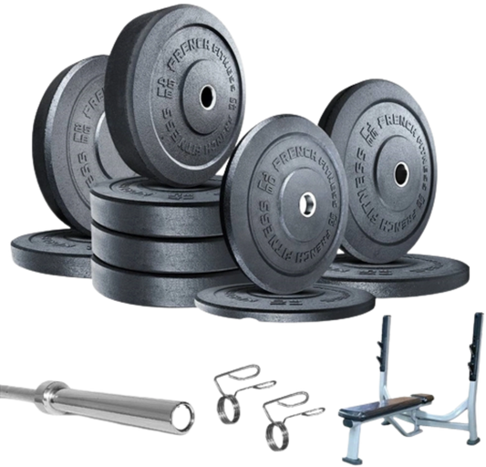 French Fitness Olympic Bumper Plate Set w/7 ft Olympic Bar 325 lbs + Bench - Crumb Rubber (New)
