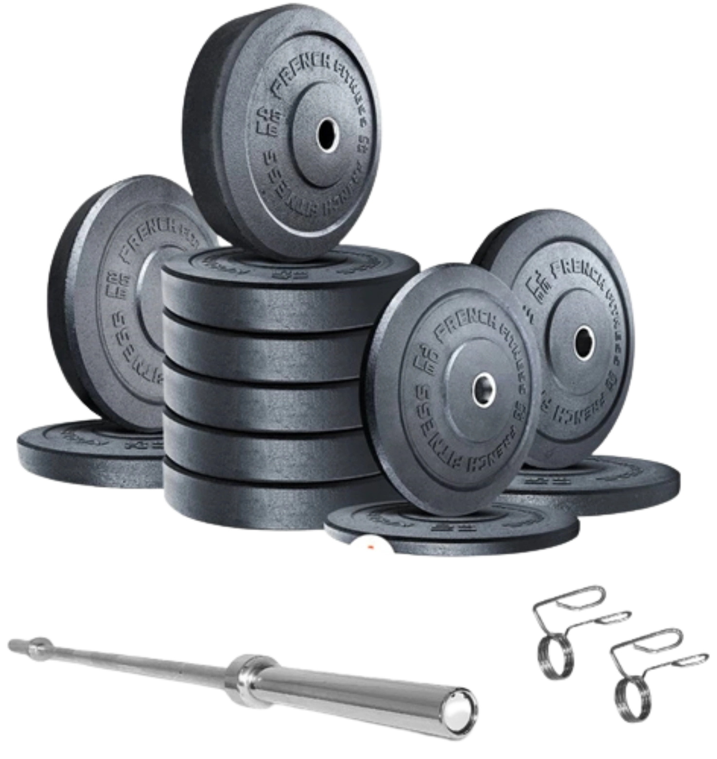 French Fitness Olympic Bumper Plate Set w/7 ft Olympic Bar 415 lbs - Crumb Rubber (New)