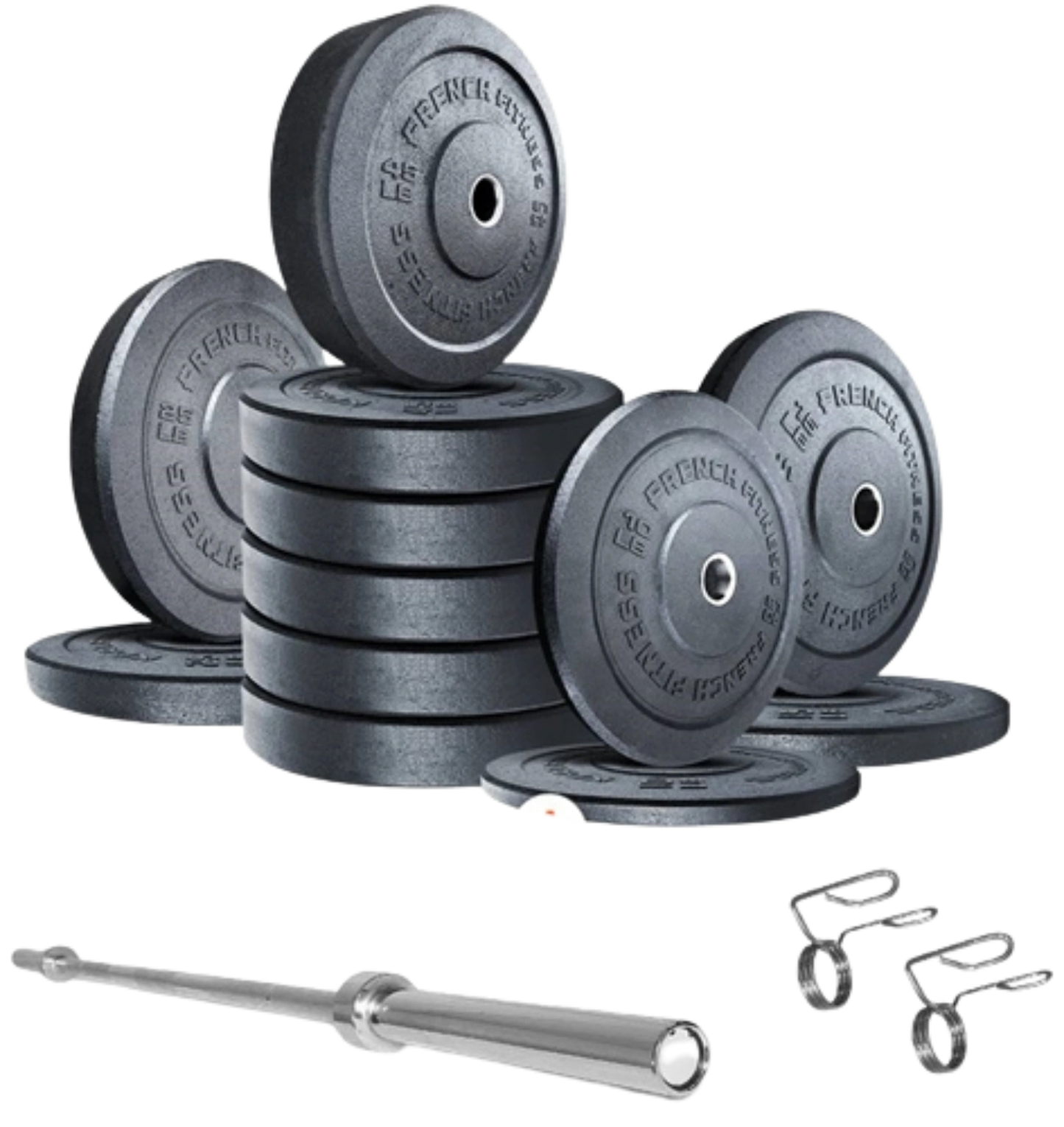 French Fitness Olympic Bumper Plate Set w/7 ft Olympic Bar 415 lbs - Crumb Rubber (New)