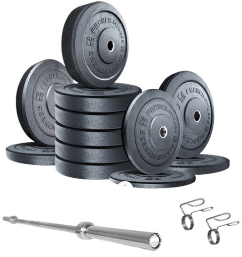French Fitness Olympic Bumper Plate Set w/7 ft Olympic Bar 415 lbs - Crumb Rubber (New)