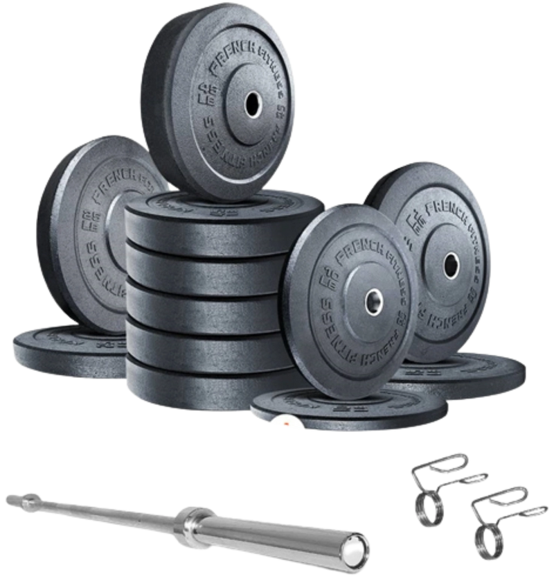 French Fitness Olympic Bumper Plate Set w/7 ft Olympic Bar 415 lbs - Crumb Rubber (New)