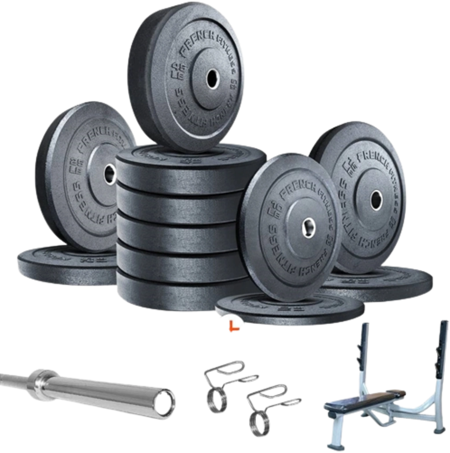 French Fitness Olympic Bumper Plate Set w/7 ft Olympic Bar 415 lbs + Bench - Crumb Rubber (New)