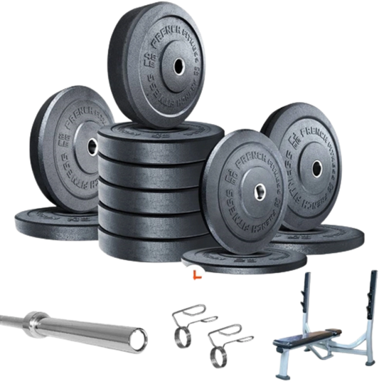 French Fitness Olympic Bumper Plate Set w/7 ft Olympic Bar 415 lbs + Bench - Crumb Rubber (New)