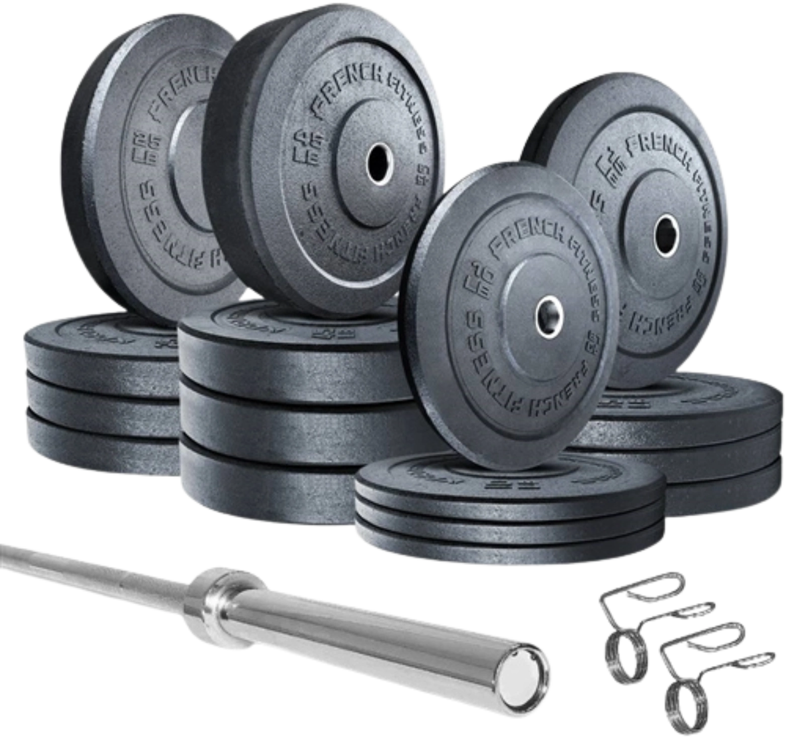 French Fitness Olympic Bumper Plates Set w/7 ft Olympic Bar 425 lbs - Crumb Rubber (New)