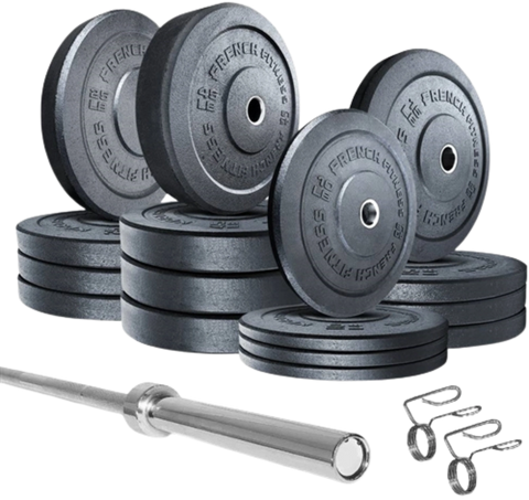 French Fitness Olympic Bumper Plates Set w/7 ft Olympic Bar 425 lbs - Crumb Rubber (New)