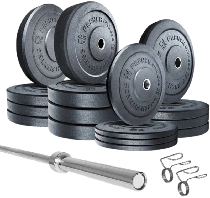 French Fitness Olympic Bumper Plates Set w/7 ft Olympic Bar 425 lbs - Crumb Rubber (New)