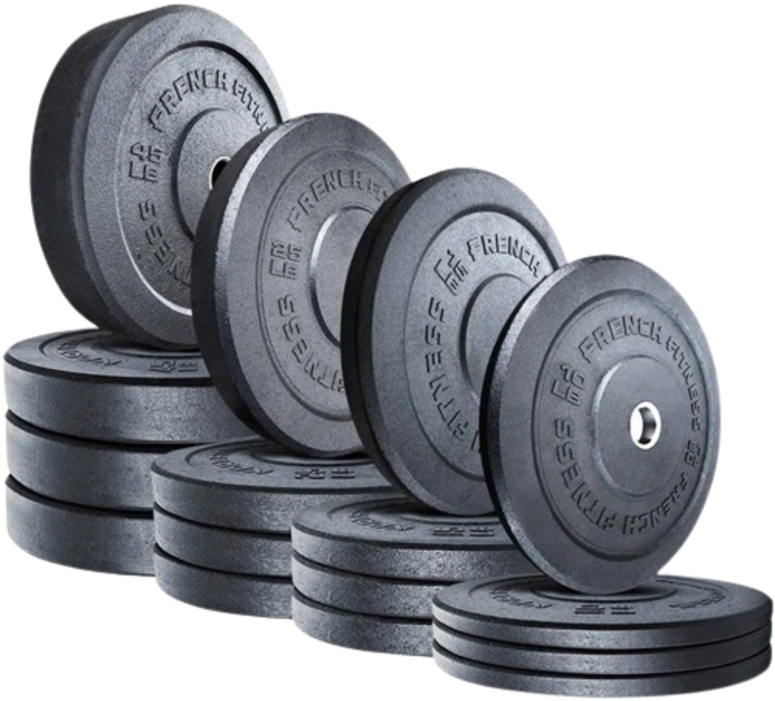 French Fitness Olympic Bumper Plates Set w/7 ft Olympic Bar 425 lbs - Crumb Rubber (New)