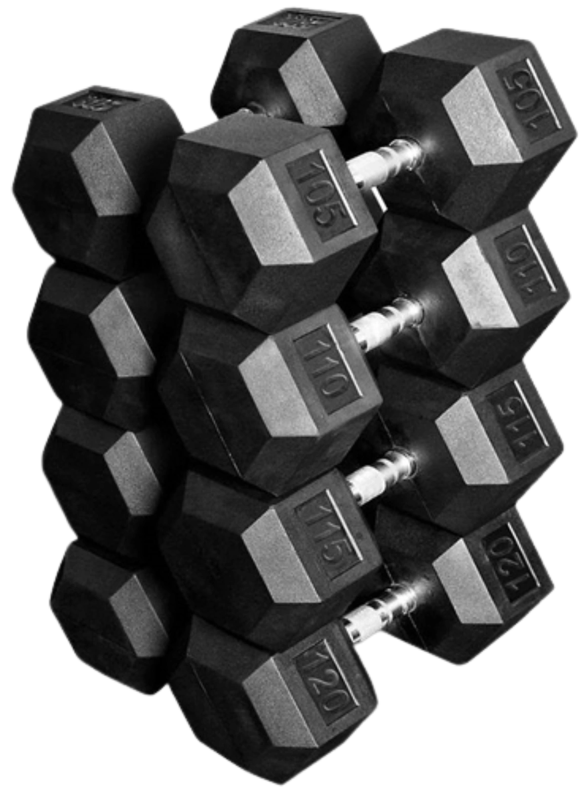 French Fitness Rubber Coated Hex Dumbbell Set 105-120 lbs - Angled View