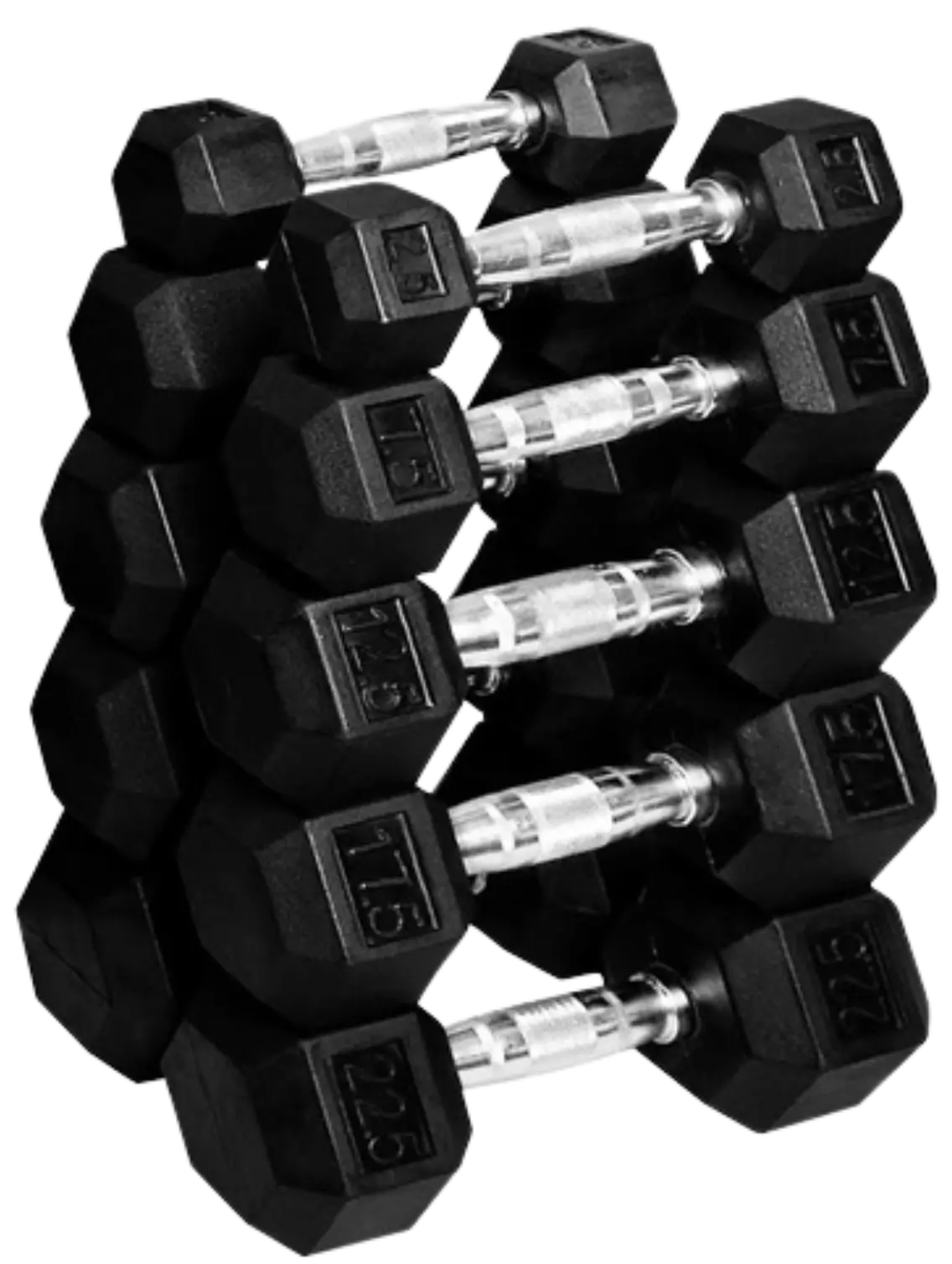 French Fitness Rubber Coated Hex Dumbbell Set 2.5-22.5 lbs - 5 Pair (New)