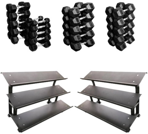 French Fitness Rubber Hex Dumbbell Set 5-100 lbs w/(2) 3 Tier Dumbbell Racks (New)