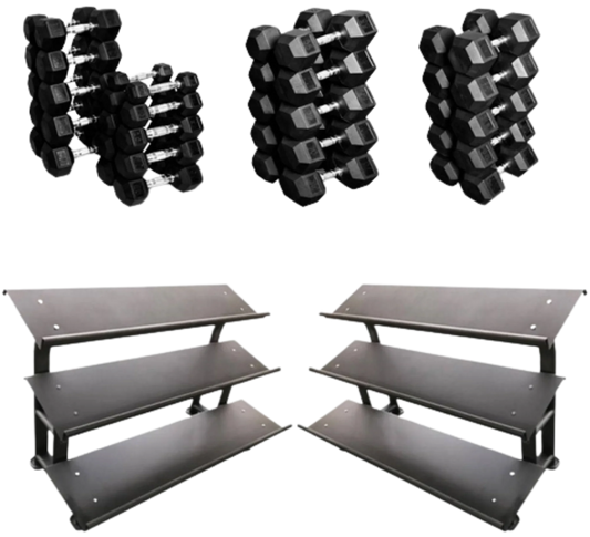 French Fitness Rubber Hex Dumbbell Set 5-100 lbs w/(2) 3 Tier Dumbbell Racks (New)